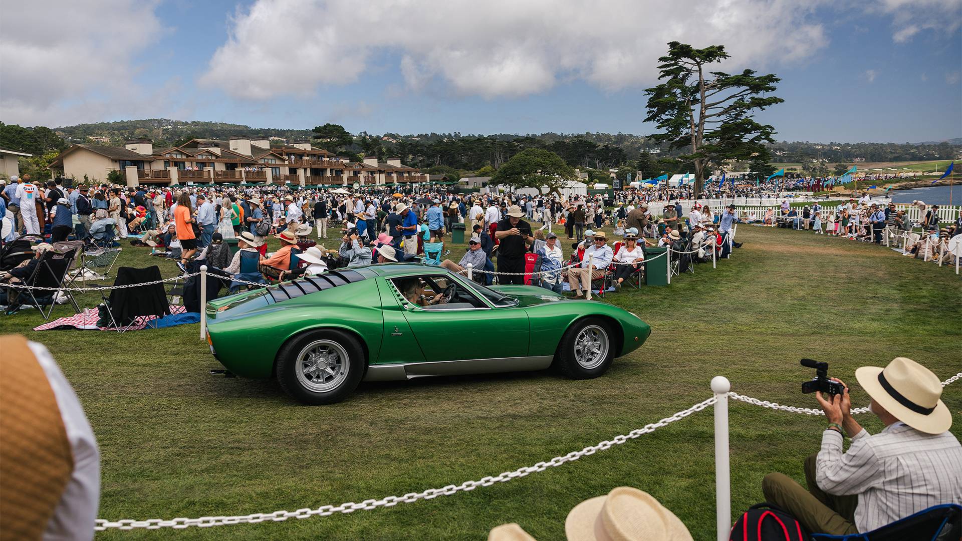 Gathering of Lamborghini Miura sports cars celebrating the model's 60th anniversary at Pebble Beach